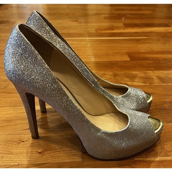 Guess Rosalie Ombre Glitter Peep Toe High Heels Size 7 Women’s Silver Gold - Picture 3 of 9